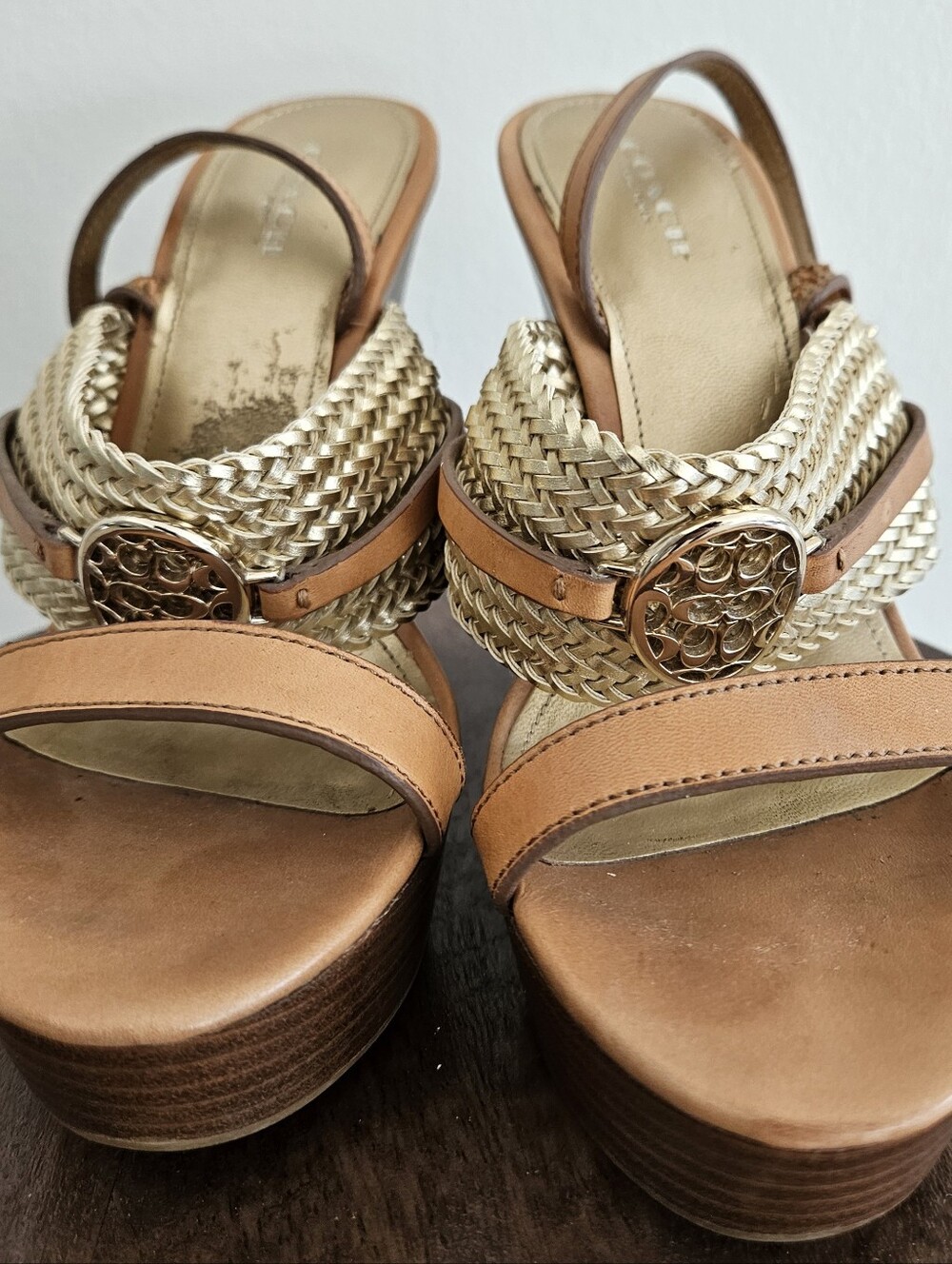 Coach Tan Leather and Gold Braided Platform Sandals